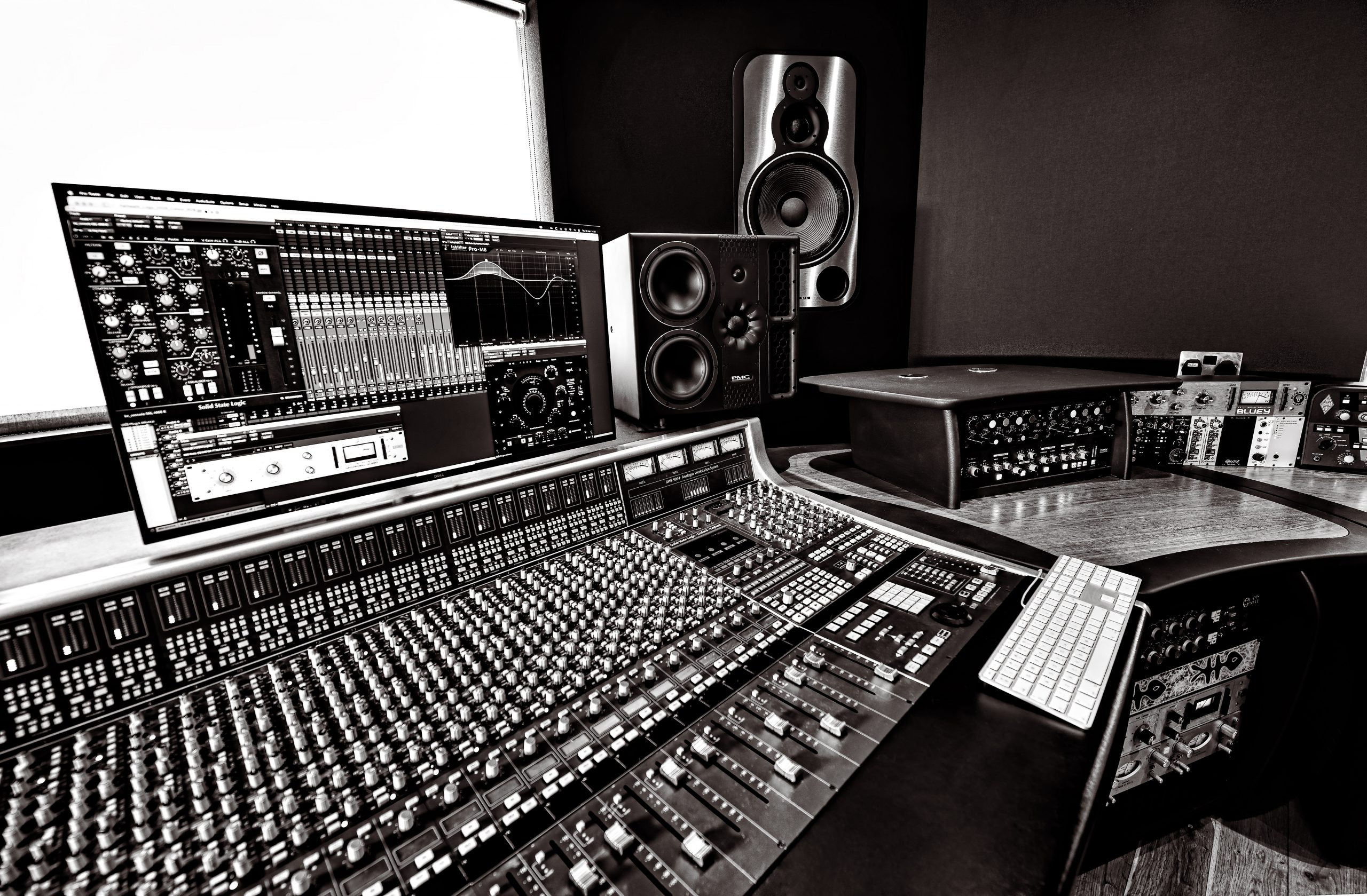 The desk at Far Heath in black and white