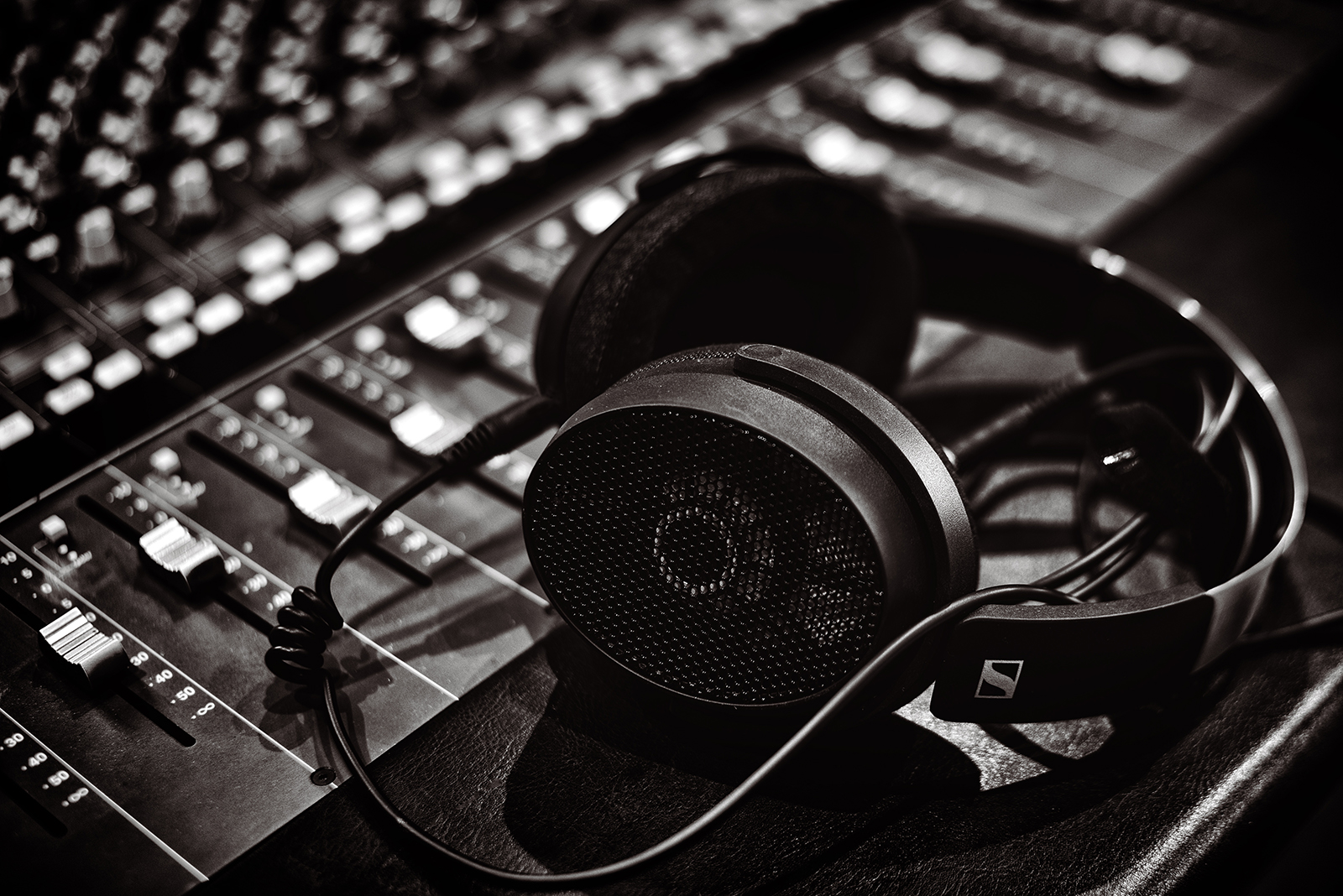 Headphones on the mixing console